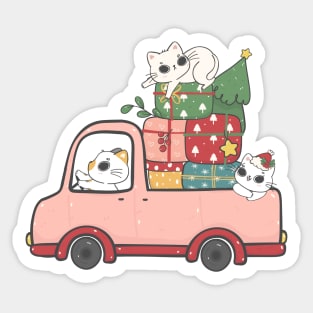 cute Christmas doodle cats and friends on car cartoon green and red Sticker